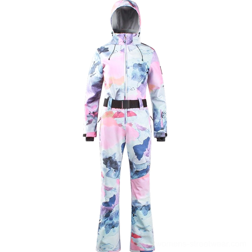 Flower print women's belted flared one-piece ski jumpsuit with hood and fitted waist silhouette