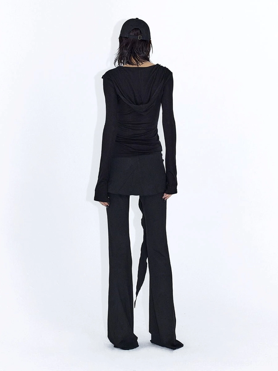 Fluid jersey wrap drape flare streetwear pants designed with a slim upper leg and softly flared hem