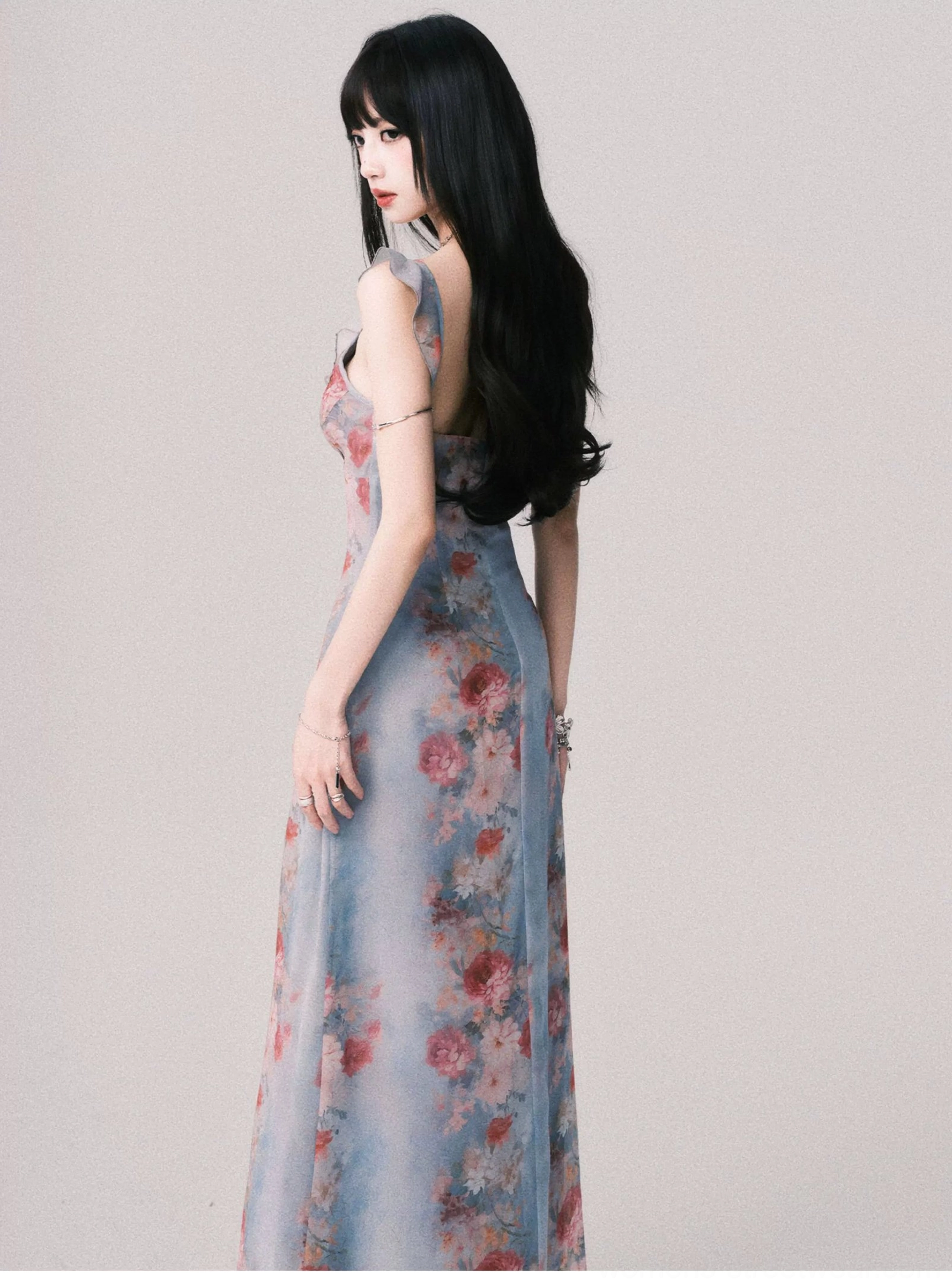 Foggy blue floral Y2K maxi slip dress product image featuring romantic rose print ruffled straps and elegant floor length silhouette