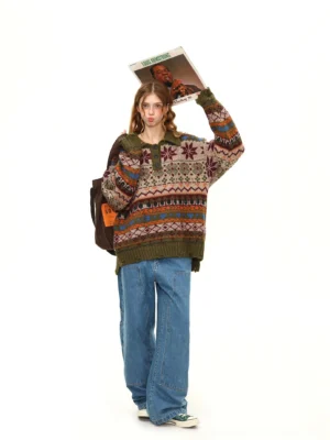 Back three-quarter view of a relaxed oversized Fair Isle knit polo sweater with full retro jacquard pattern styled with wide-leg jeans and a brown backpack
