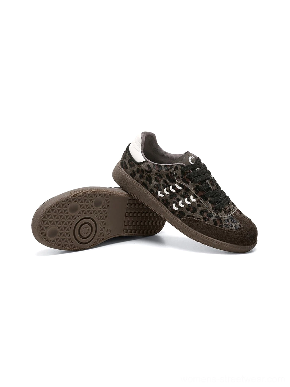 Single forest leopard print low top sneaker displayed beside its brown gum rubber outsole to show the tread pattern and textured upper