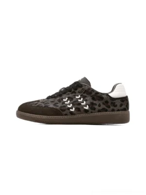 Forest green leopard print low top sneakers with dark overlays, white contrast stitching, white heel tabs, and vintage brown gum rubber soles shown from the side