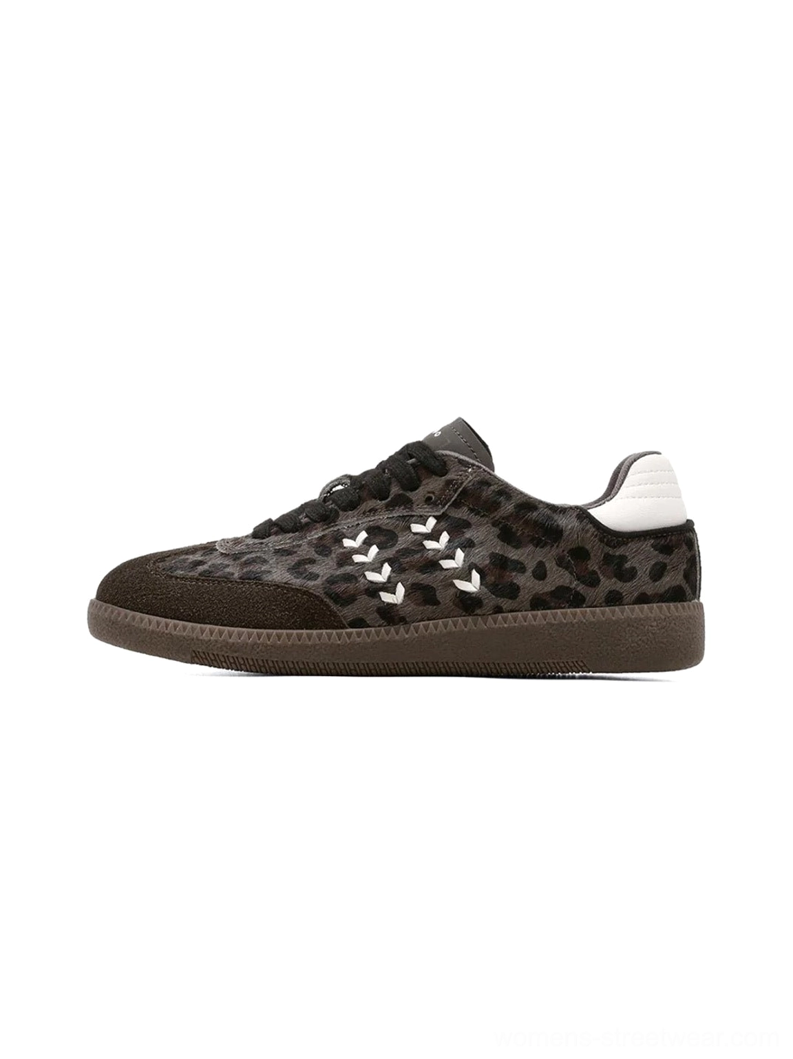 Forest green leopard print low top sneakers with dark overlays, white contrast stitching, white heel tabs, and vintage brown gum rubber soles shown from the side