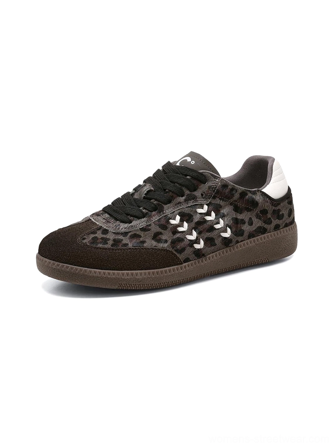 Front side view of a forest leopard print low top sneaker with lace closure, textured upper, white chevron stitching, heel tab, and brown outsole