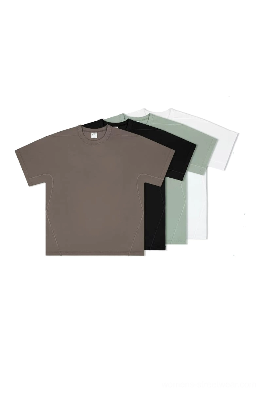 Four-color collection of loose-fit heavyweight cotton streetwear T-shirts in dark taupe black sage green and white