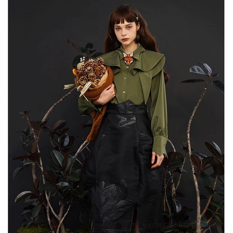 Elegant fox charm ruffle blouse with cape-inspired collar and long sleeves for modern East Asian fashion outfits