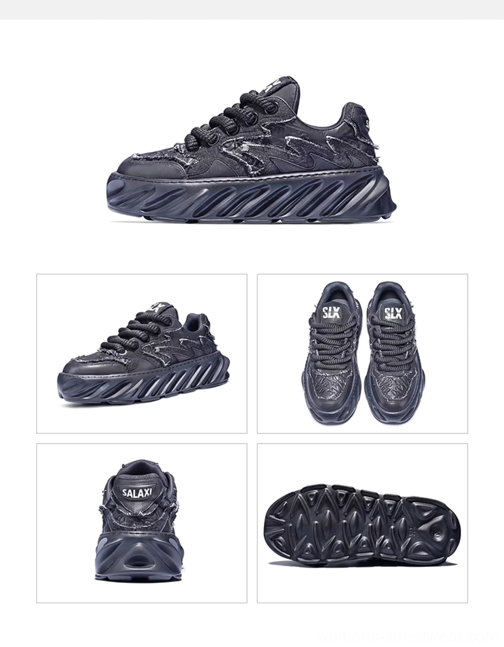 All black frayed wave chunky sole streetwear sneakers with textured upper in left side studio view