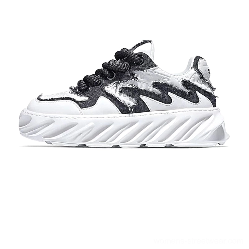 Black and white frayed wave chunky sole streetwear sneakers with contrasting layered side panels