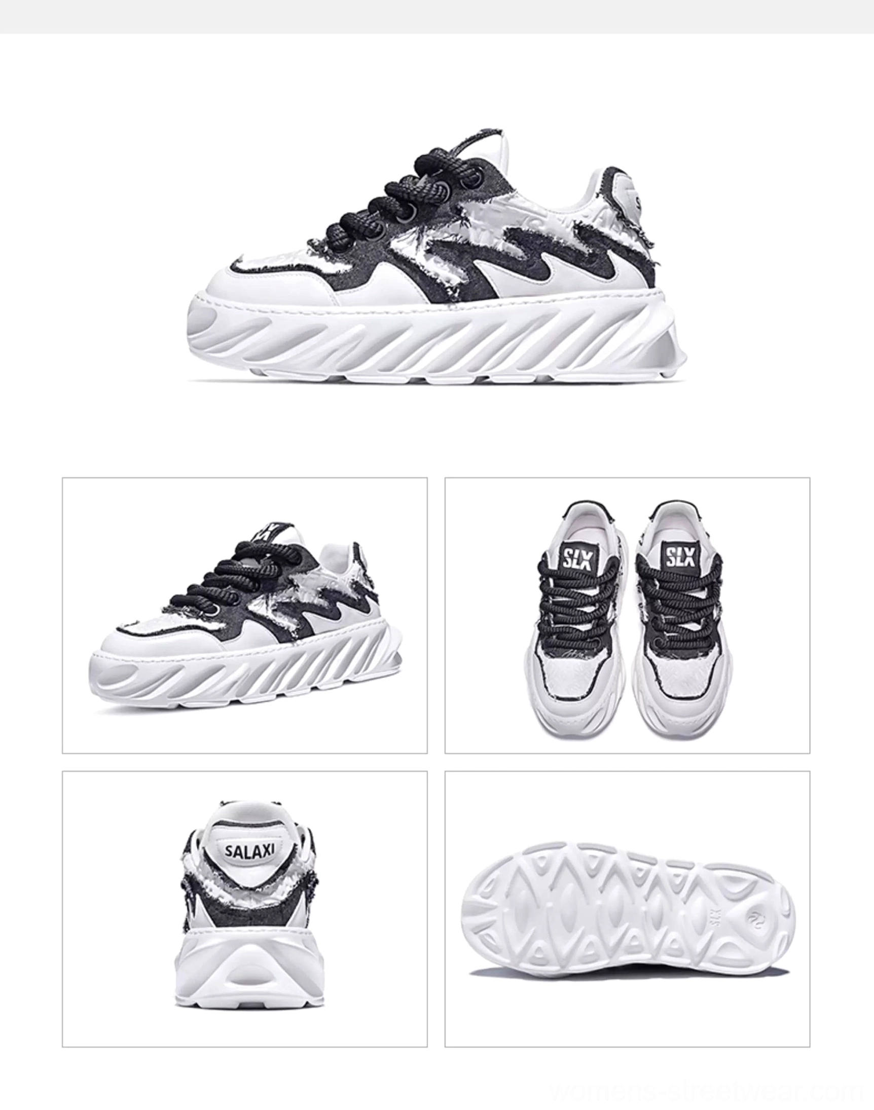 Black and white frayed wave chunky sole streetwear sneakers with black laces shown in side view