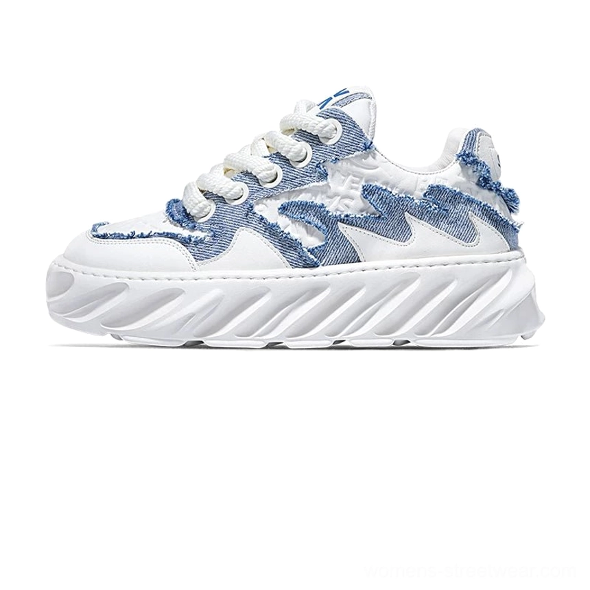 Blue and white frayed denim wave chunky sole streetwear sneakers with layered textured upper