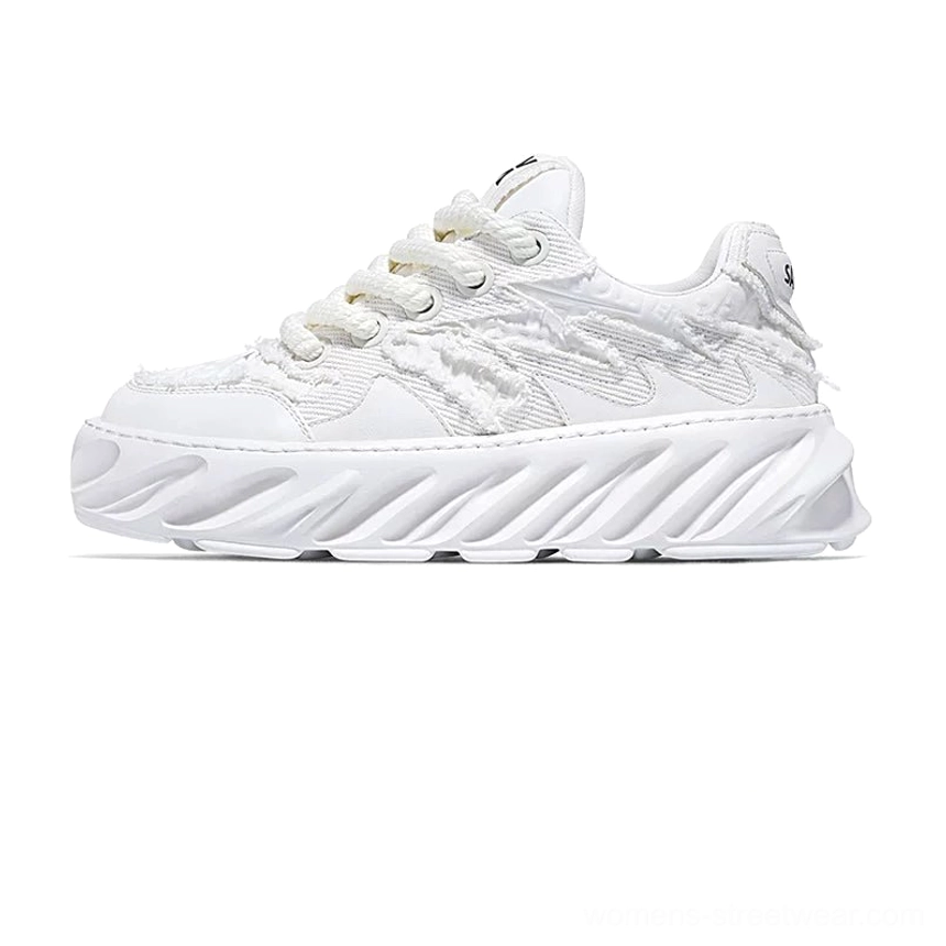 Plain white frayed wave chunky sole streetwear sneakers with tonal platform outsole in side view