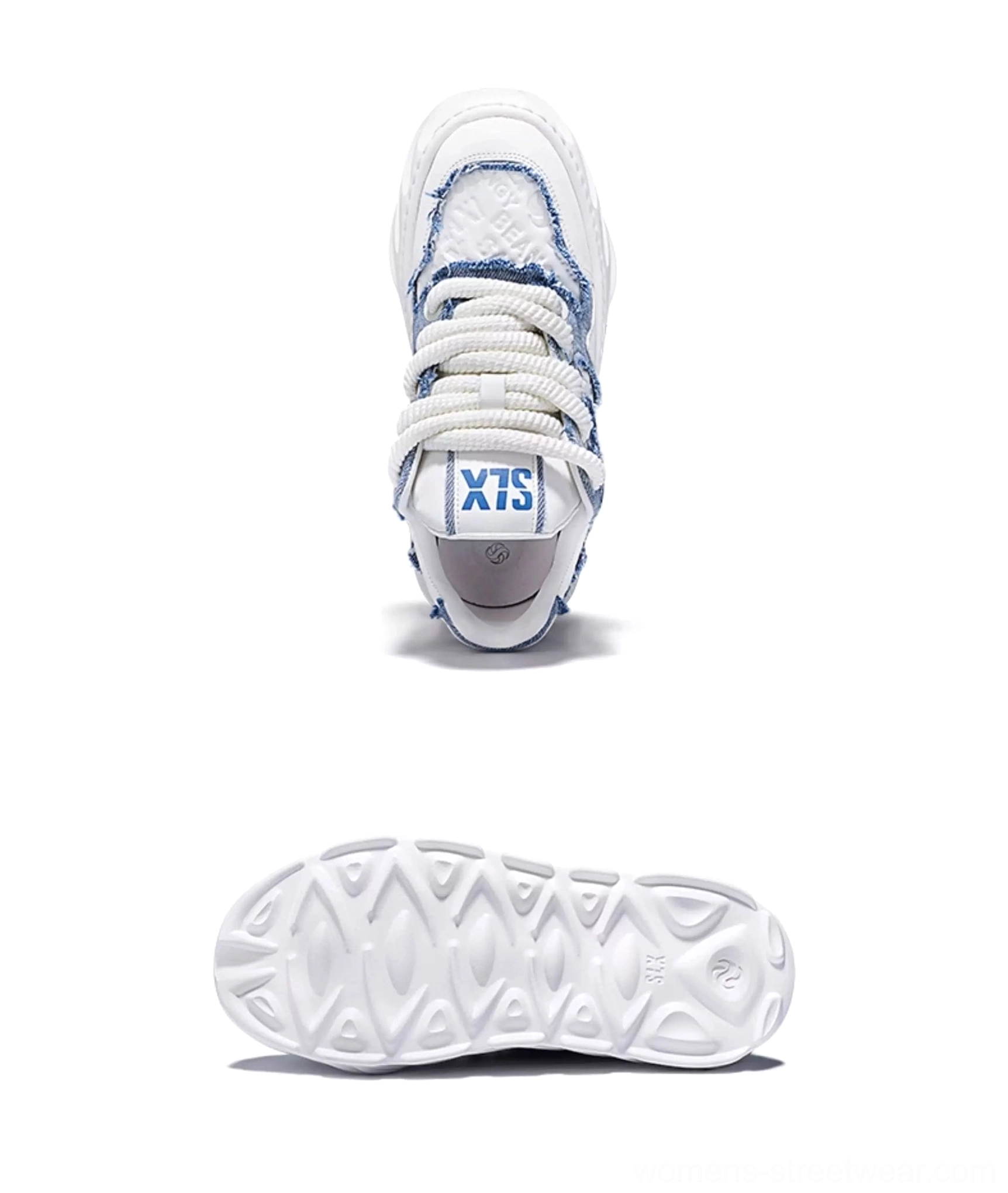 Frayed denim wave chunky sole streetwear sneakers showing toe box, tongue detail, and ridged outsole tread