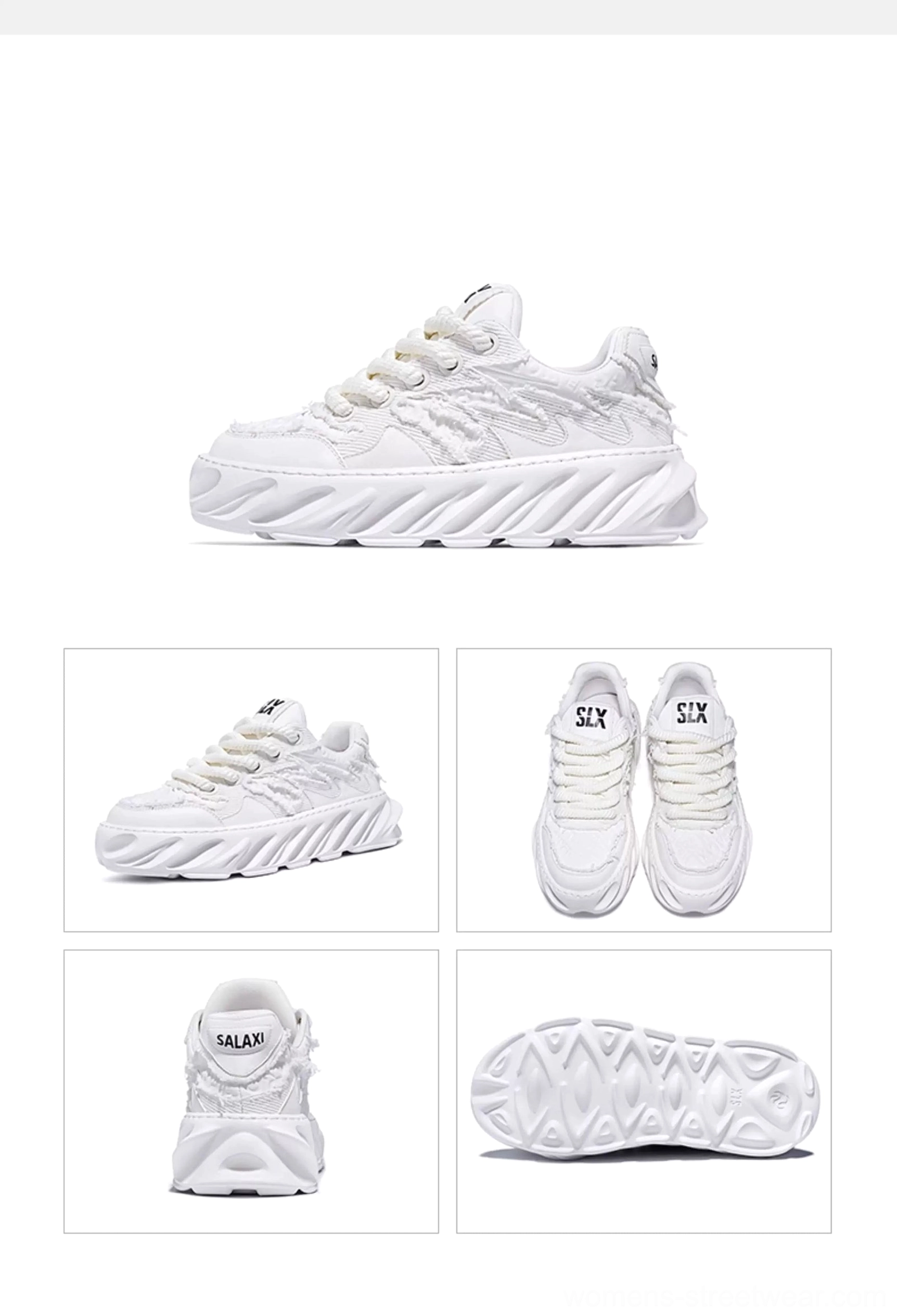 All white frayed wave chunky sole streetwear sneakers in clean left side studio product view