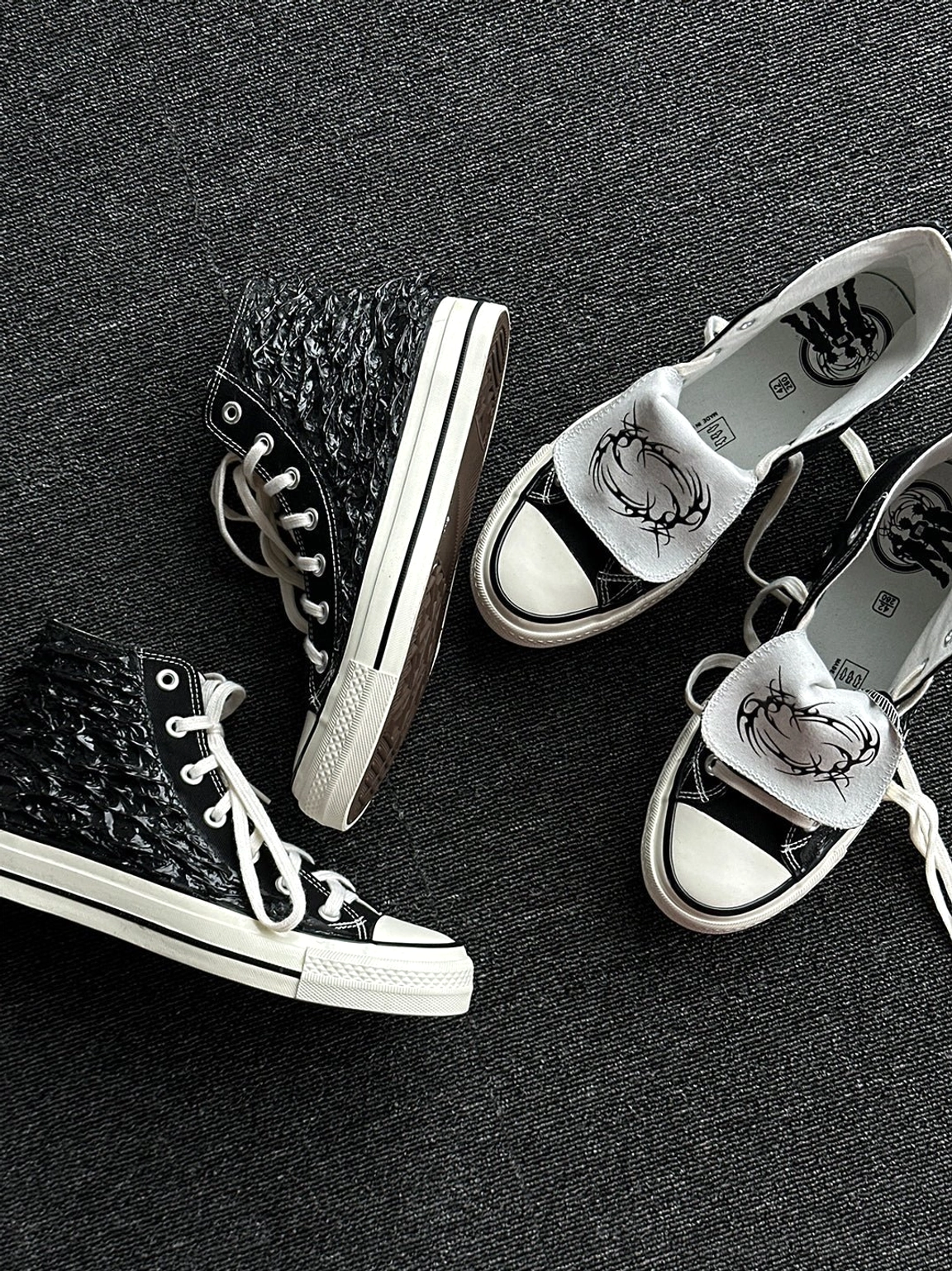 Fringed high-top canvas sneakers showing streetwear-inspired textured canvas construction and rubber sole