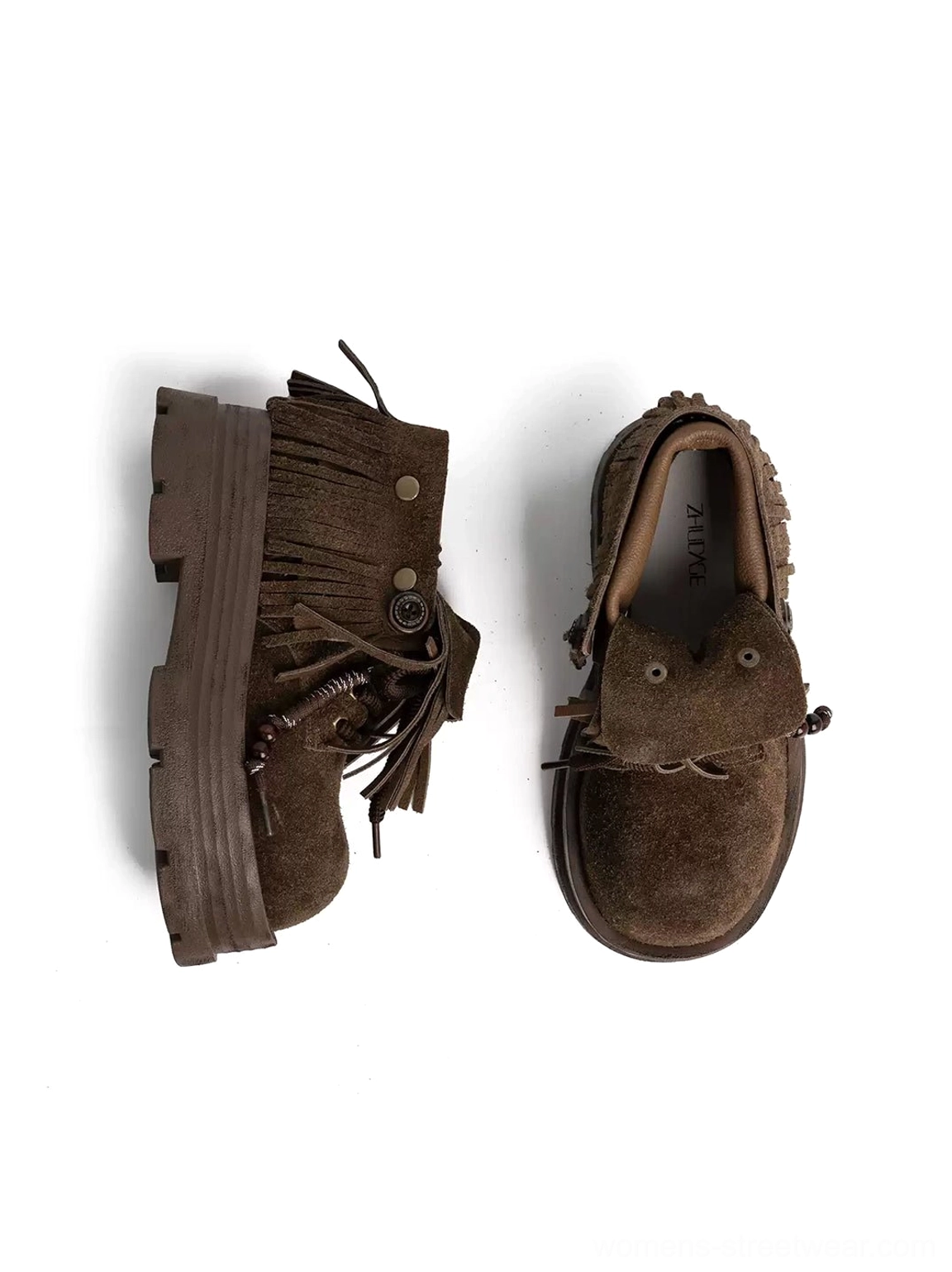Mixed side and front view of fringed suede platform ankle boots displaying the beaded lace design, shoe interior, textured cuff, and chunky rubber platform sole