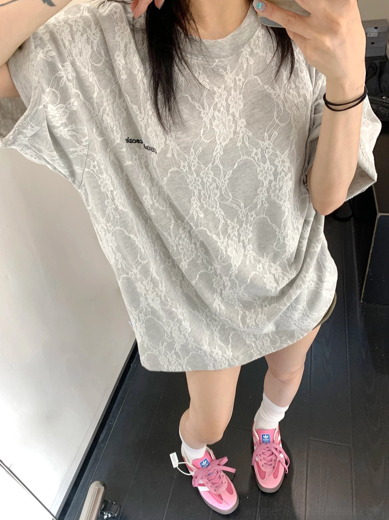 Grey lace texture oversized streetwear t-shirt with dropped shoulders and rolled sleeves shown from the front