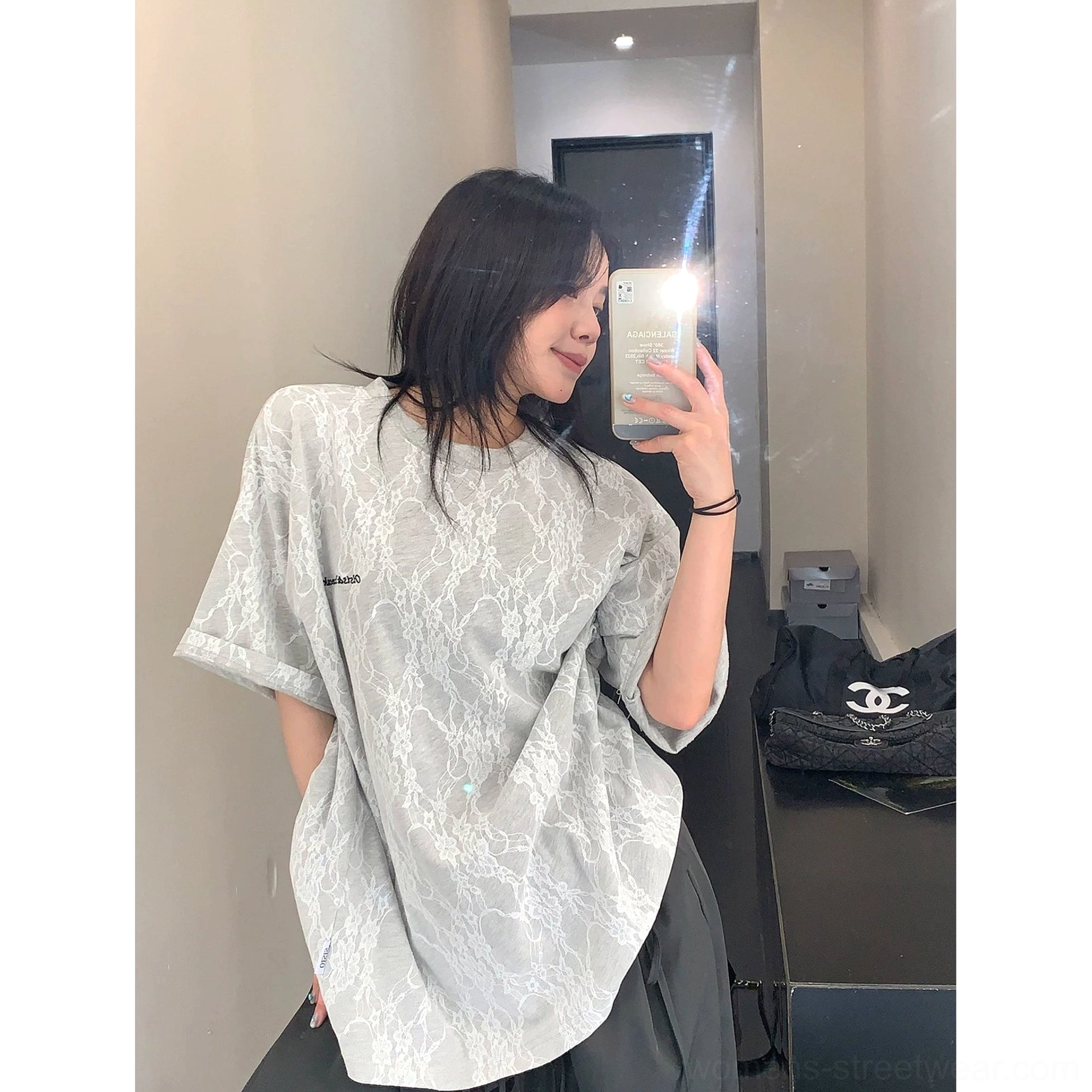 Grey frosted vein lace texture oversized streetwear t-shirt product image with tonal floral-inspired texture