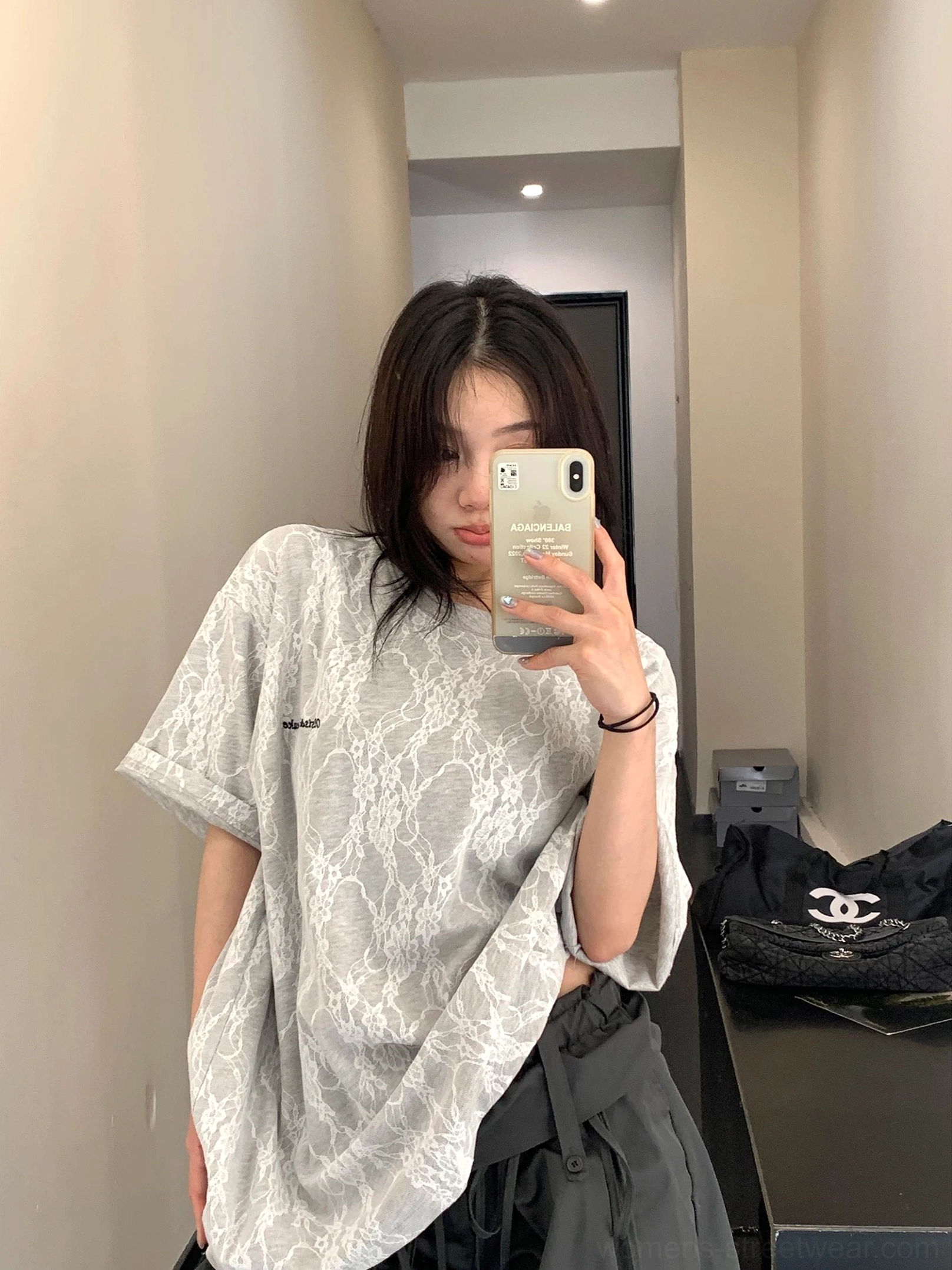 Grey frosted lace-effect oversized t-shirt with a relaxed longline fit and small chest letter detail