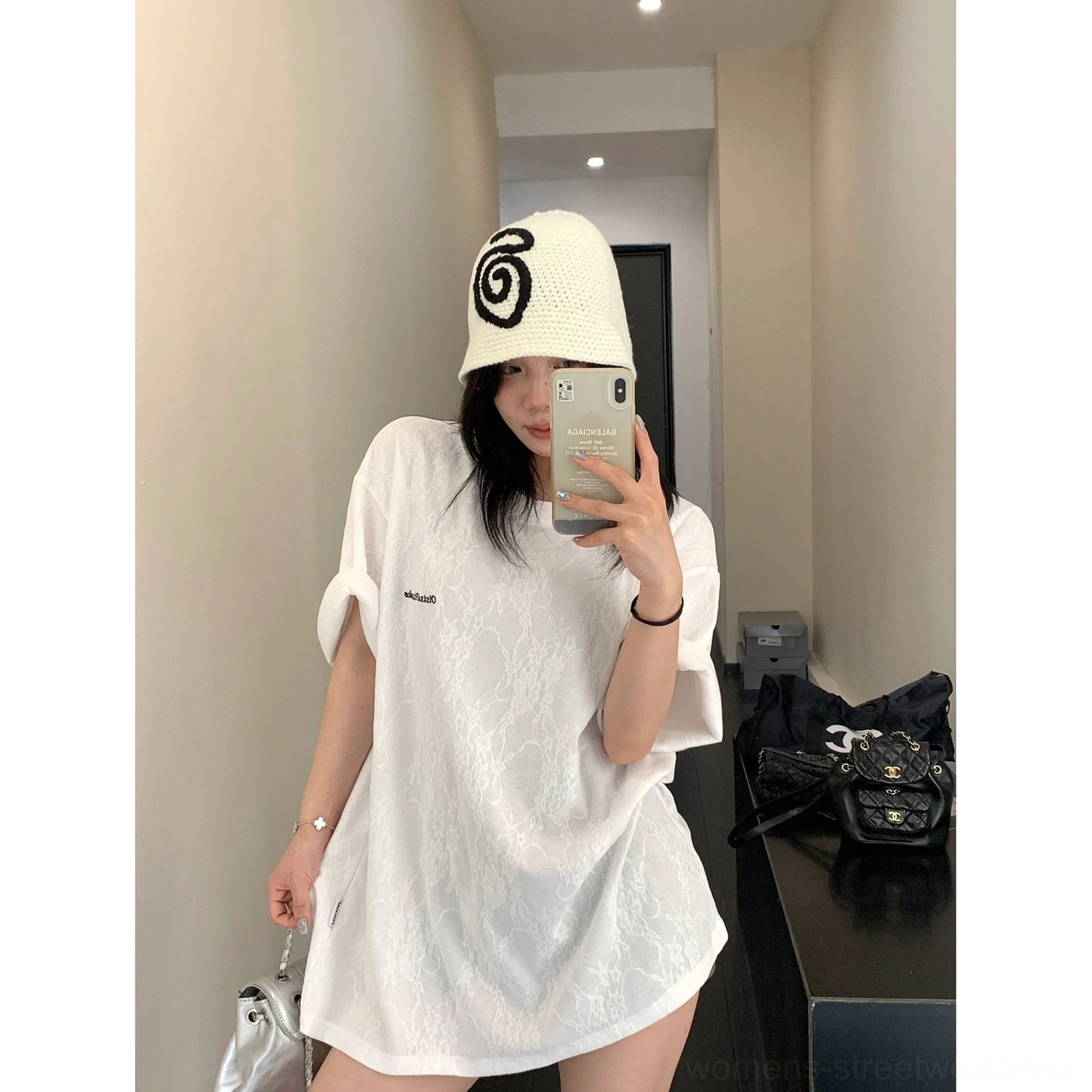 Frosted vein lace texture oversized streetwear t-shirt showing textured floral-inspired surface and loose fit