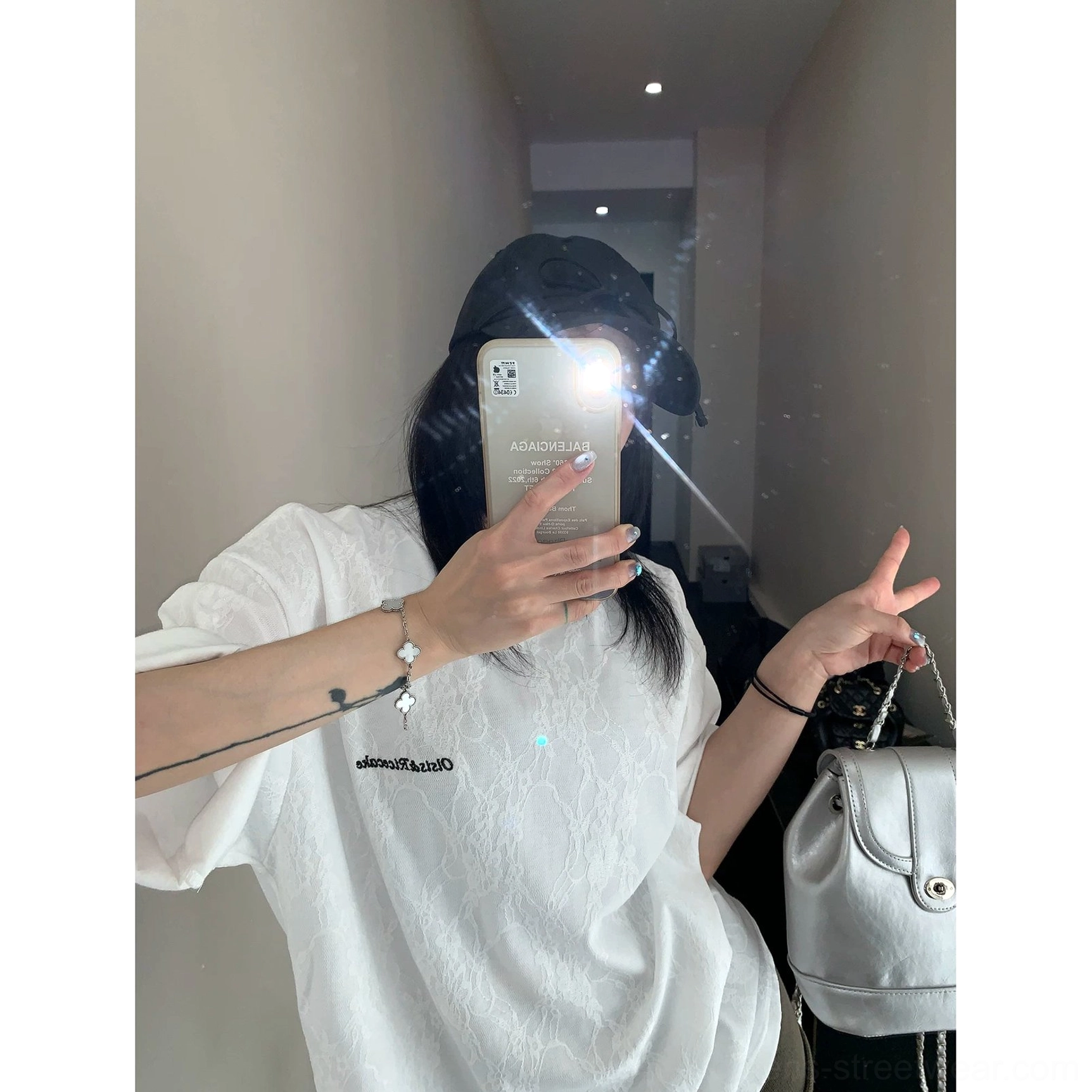 White frosted vein lace texture oversized streetwear t-shirt with dropped shoulders in an Acubi-inspired outfit
