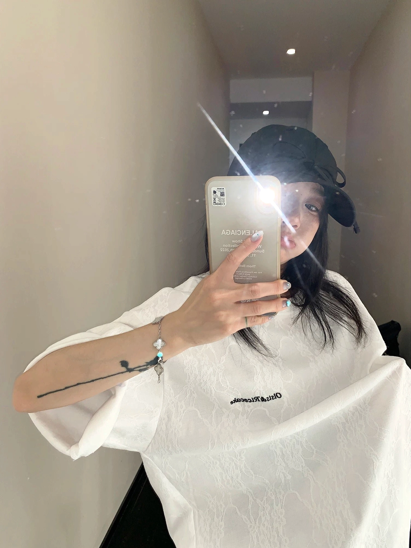 White frosted vein lace texture oversized streetwear t-shirt with contrast chest lettering front view