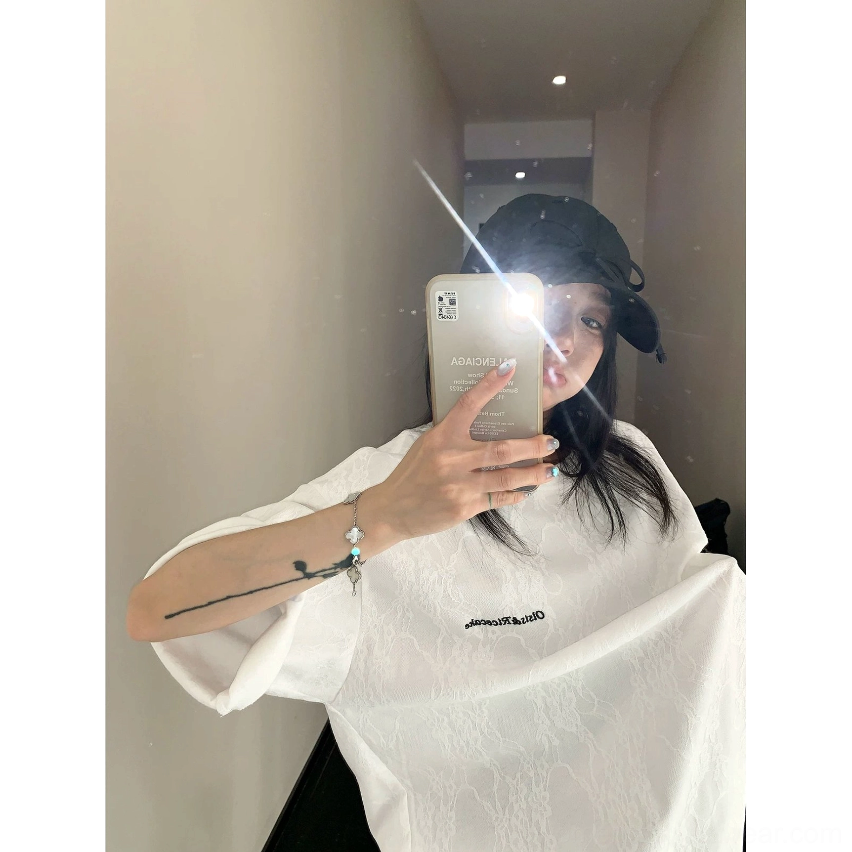White frosted vein lace texture oversized streetwear t-shirt product image with minimal contrast chest lettering