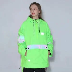 Fruit green reflective half-zip ski anorak jacket with hood, front cargo pocket, drawcord hem, and iridescent trim