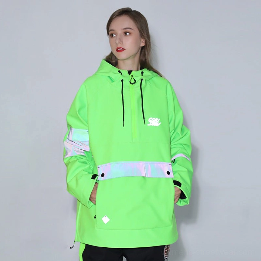 Fruit green reflective half-zip ski anorak jacket with hood, front cargo pocket, drawcord hem, and iridescent trim