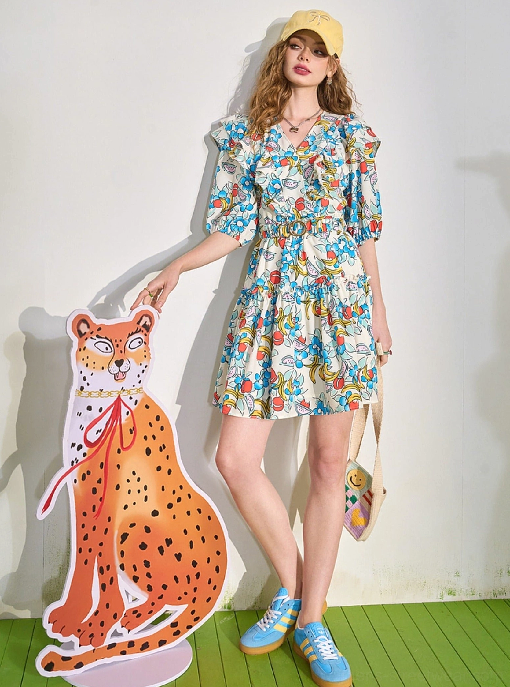 Fruit print ruffle V-neck mini dress product image featuring colorful Y2K-inspired summer streetwear styling