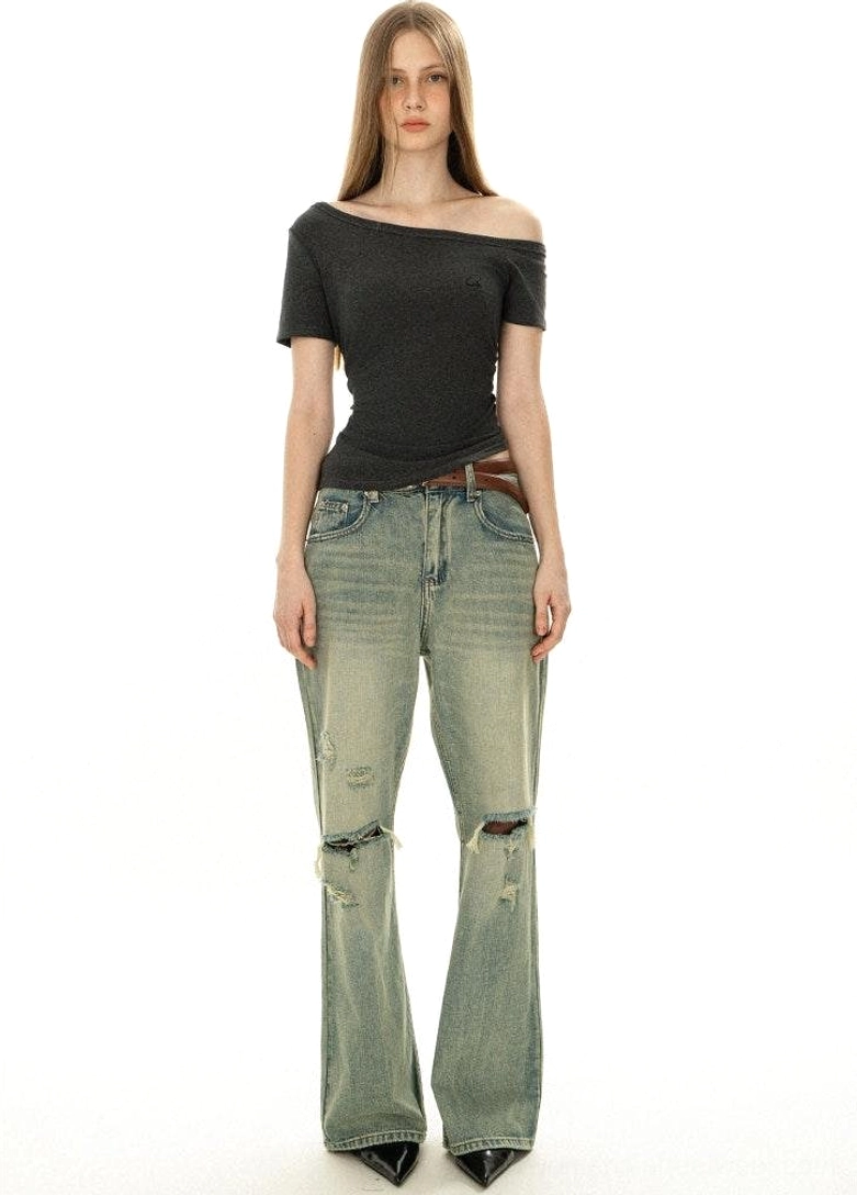 Full body front off-shoulder minimalist tee slim fit dark grey boat neckline ripped vintage jeans complete streetwear outfit view