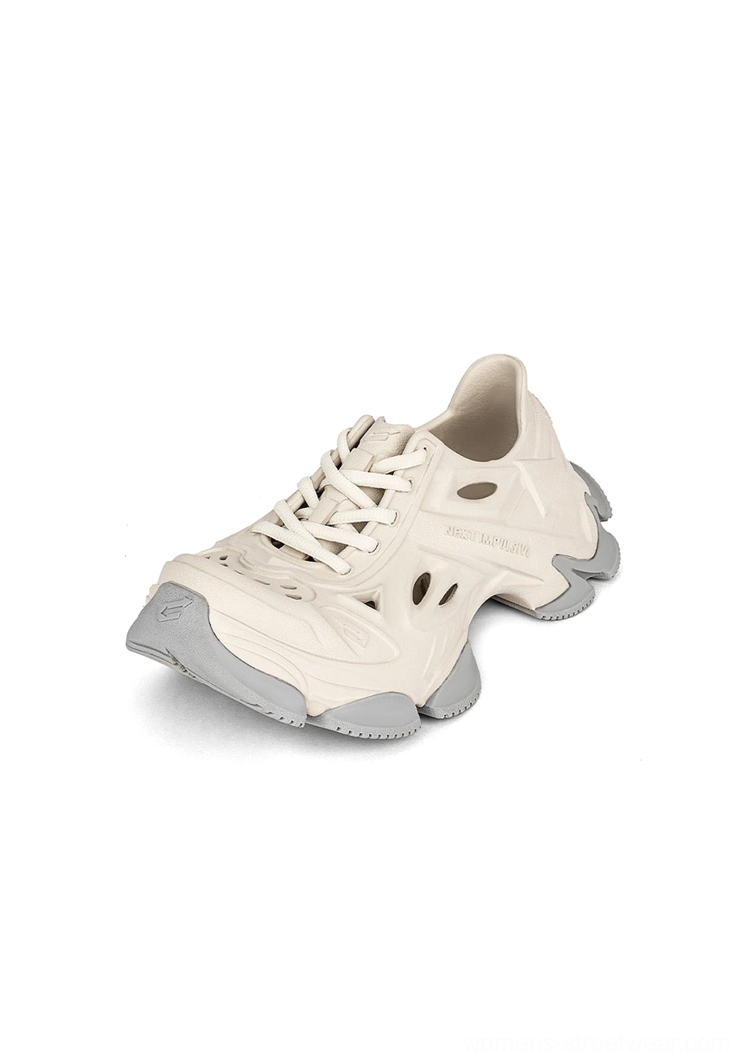 Front three-quarter view of off-white ventilated EVA platform clog with thick grey rugged outsole