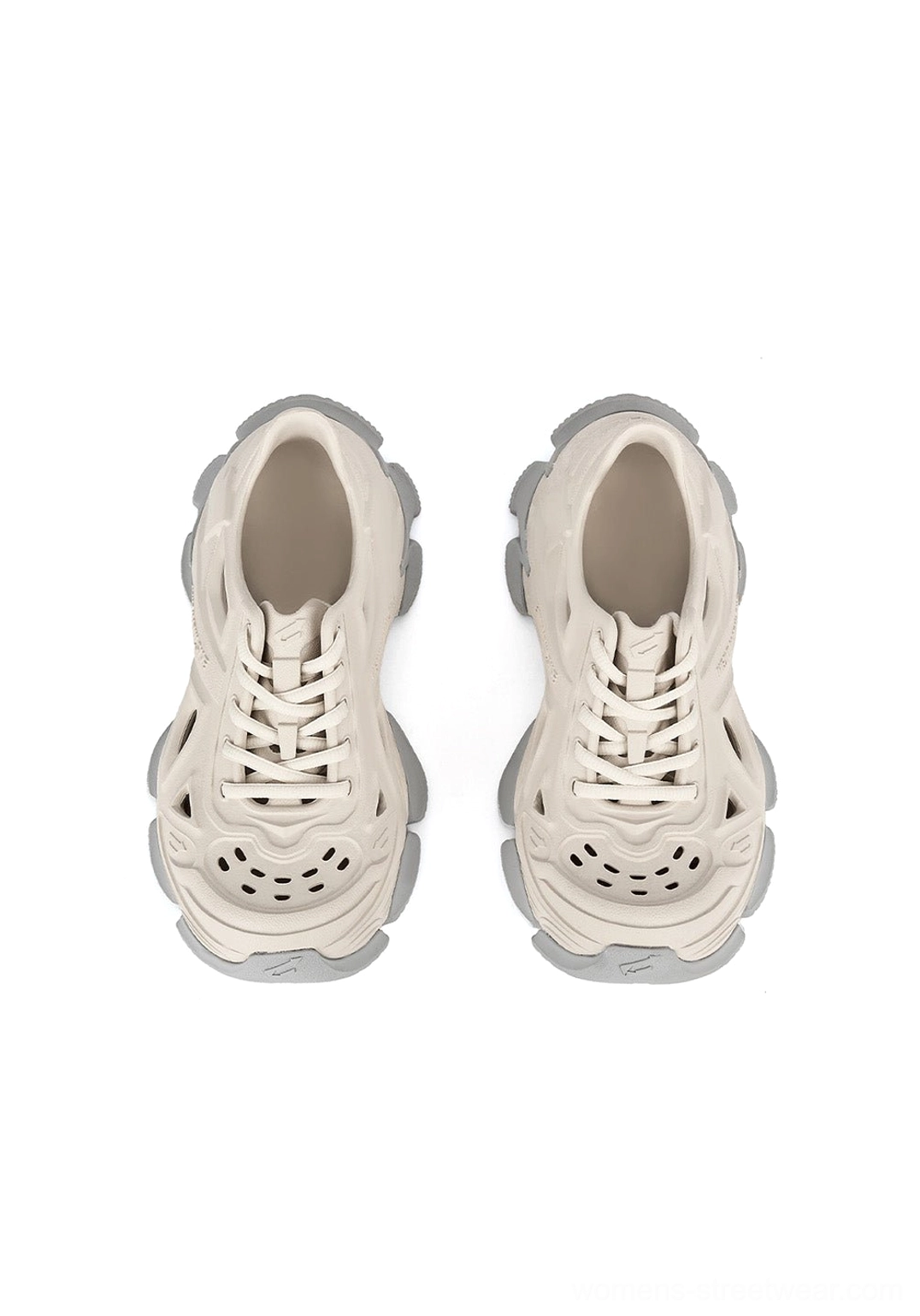 Front view of off-white chunky EVA platform clogs with perforated toe and lace-up sneaker-inspired design
