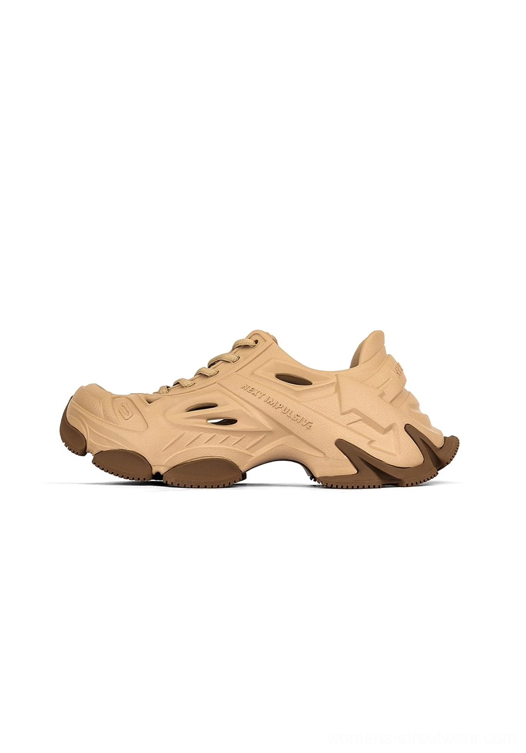 Tan brown futuristic EVA platform clogs with ventilated upper, dark brown rugged outsole, and chunky streetwear profile