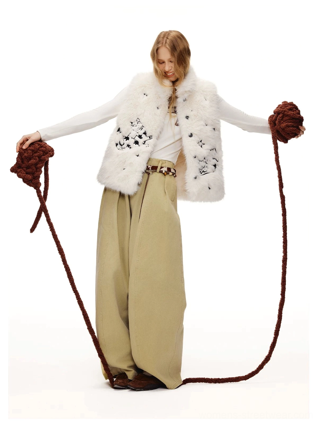 Fuzzy cat mock neck long sleeve top with cropped streetwear silhouette and tactile front detail