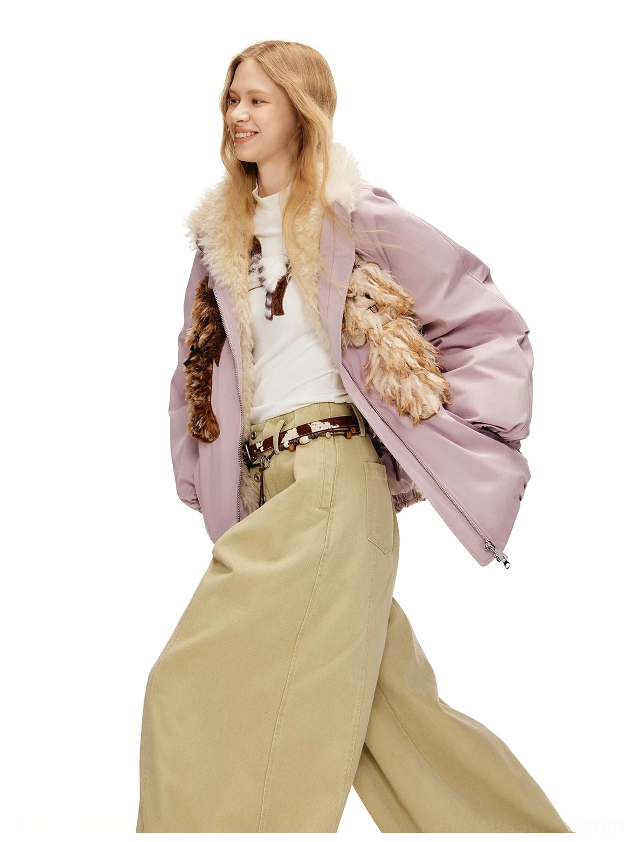 White fitted fuzzy cat graphic long sleeve tee for Korean streetwear and playful Y2K outfits