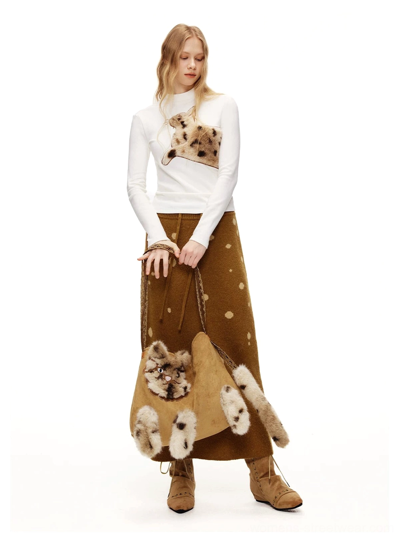 White fitted fuzzy cat streetwear tee worn with a plush cat face crossbody bag and brown midi skirt