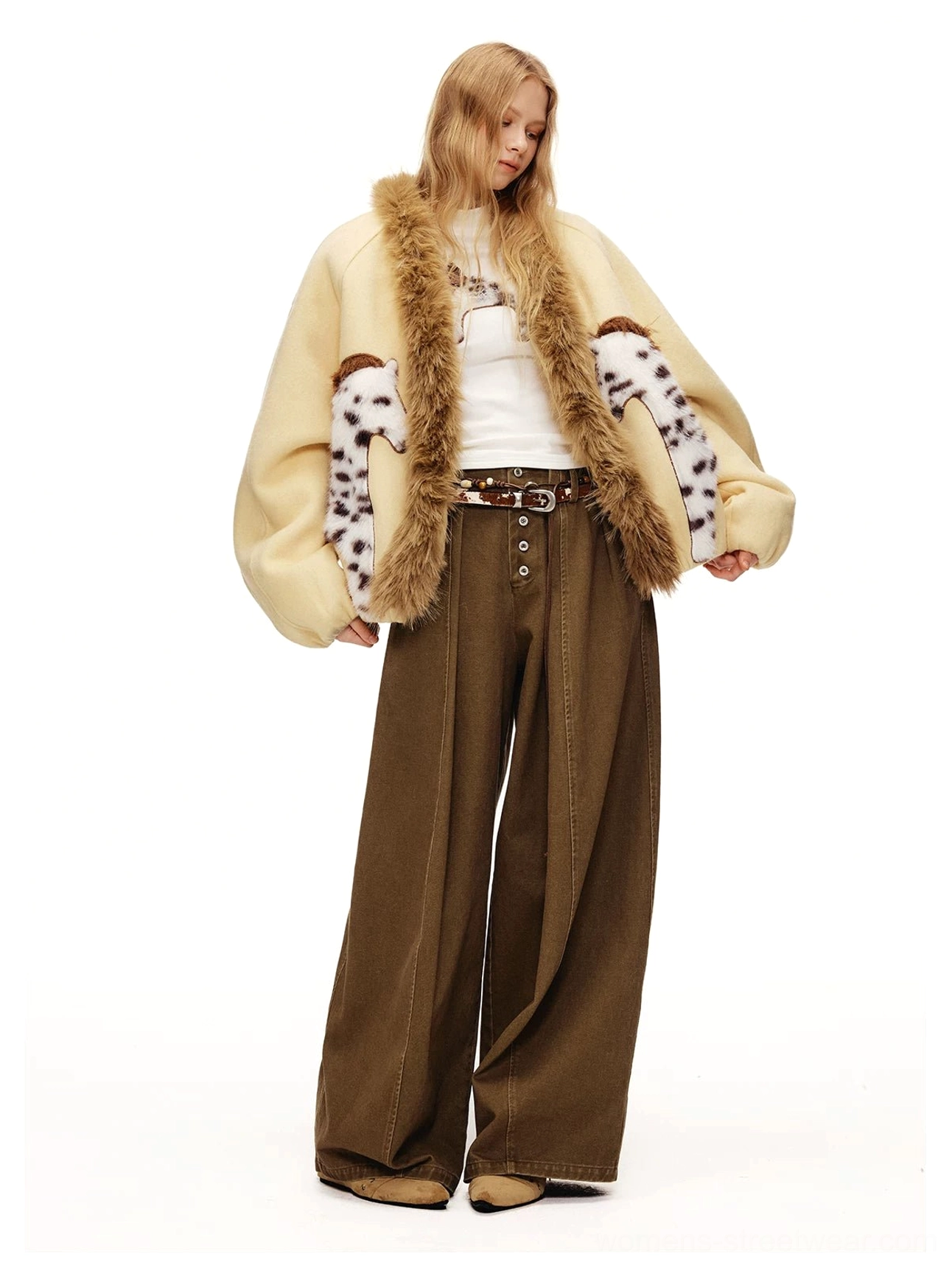 Soft white fuzzy cat long sleeve streetwear shirt with playful dimensional graphic detail