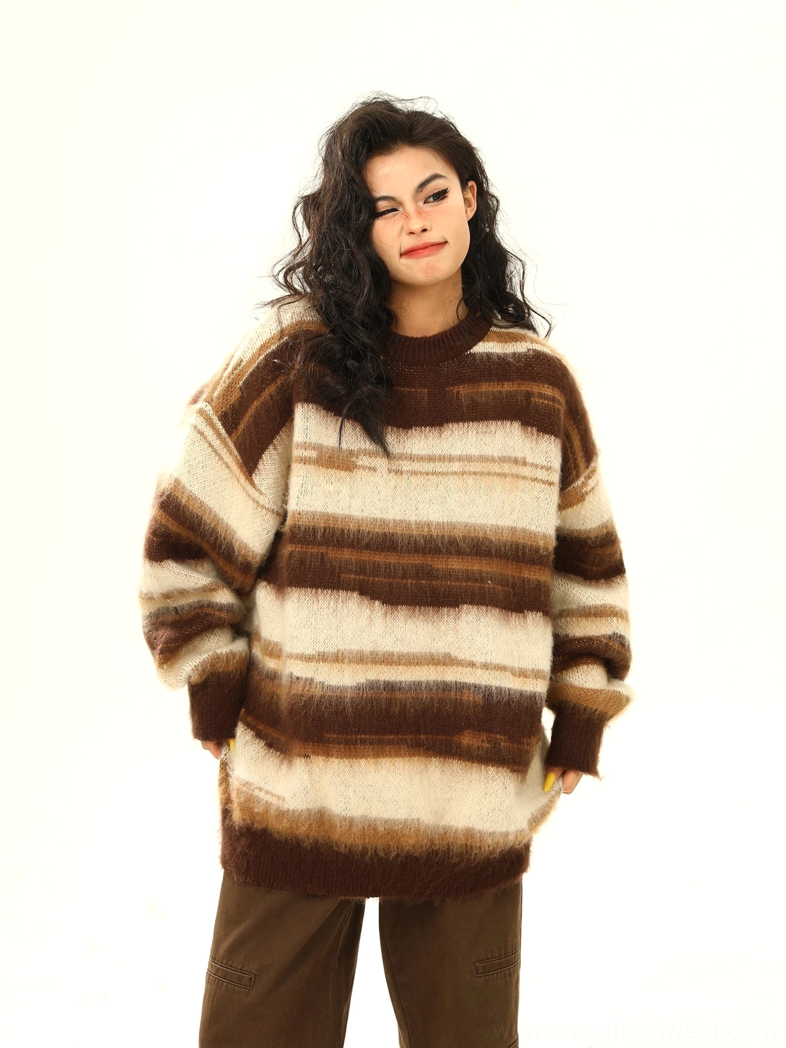 Fuzzy gradient stripe oversized knit sweater detailed product view with relaxed streetwear silhouette