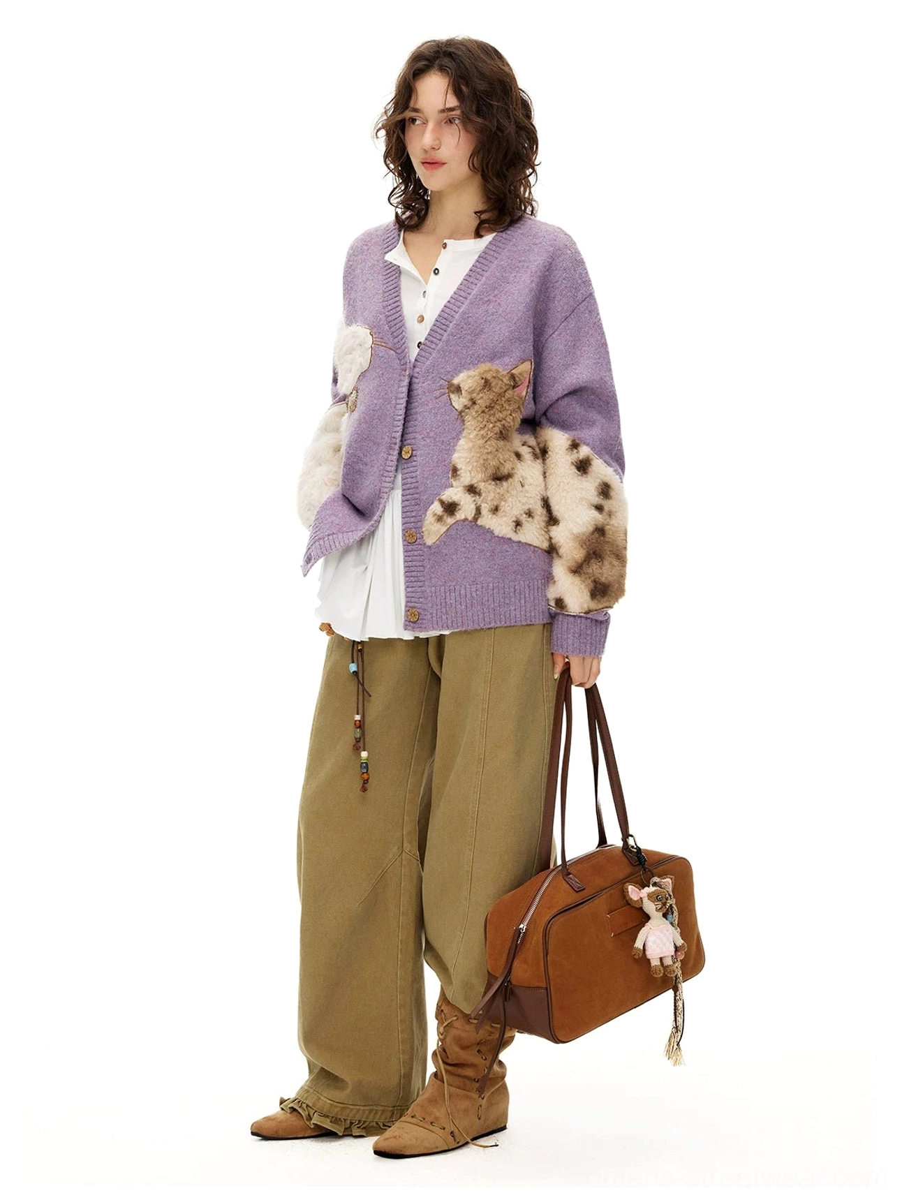 Fuzzy lavender cat cardigan with oversized plush details, textured faux-fur collar, ribbed hem, and expressive Acubi-inspired layering style