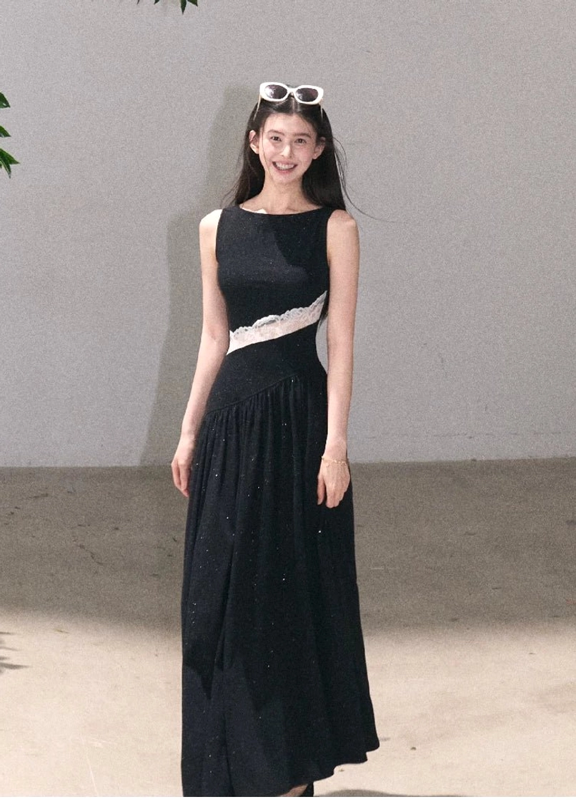 Galaxy night asymmetrical lace waist maxi dress with elegant sleeveless neckline and dramatic flowing skirt