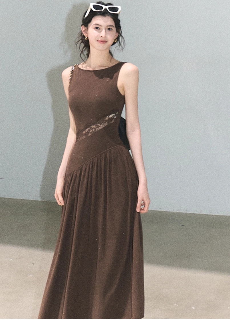 Galaxy night lace waist maxi dress product image with sleeveless boat neckline and flowing asymmetric design