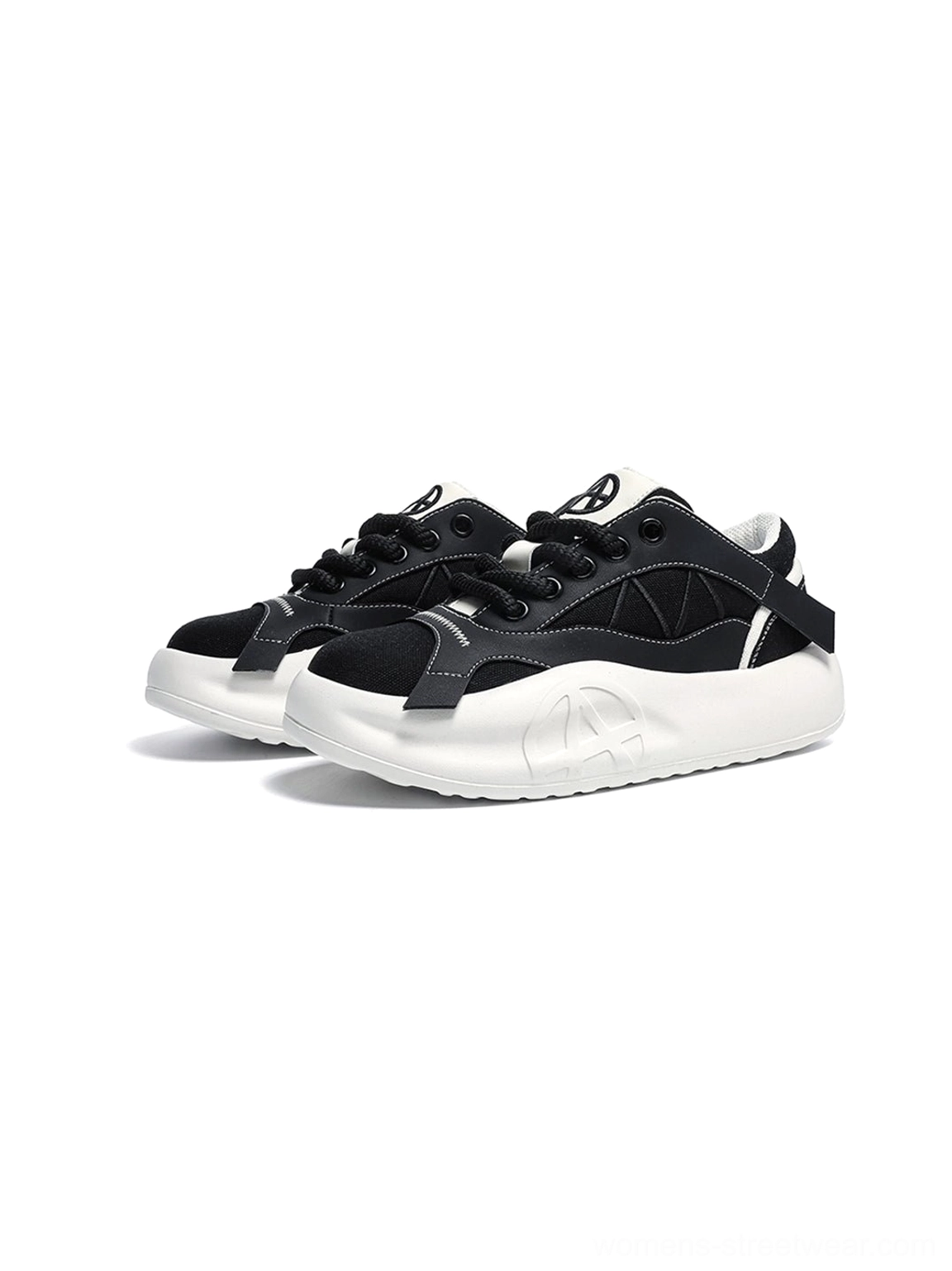 Gallery image of geometric panel platform runner sneakers designed to pair with relaxed streetwear outfits