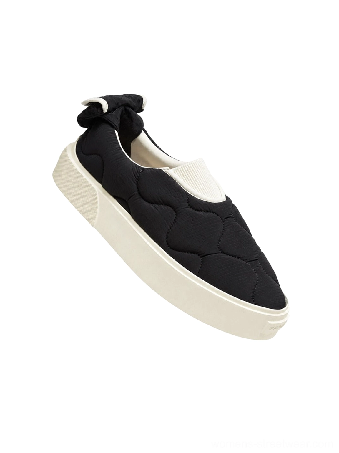 Ghost black quilted slip-on skate shoes with padded textile upper white platform sole and heel bow accent