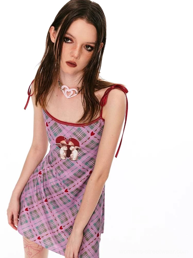 Gingham angel mini dress designed with contrast red details for Seoul-inspired casual streetwear outfits
