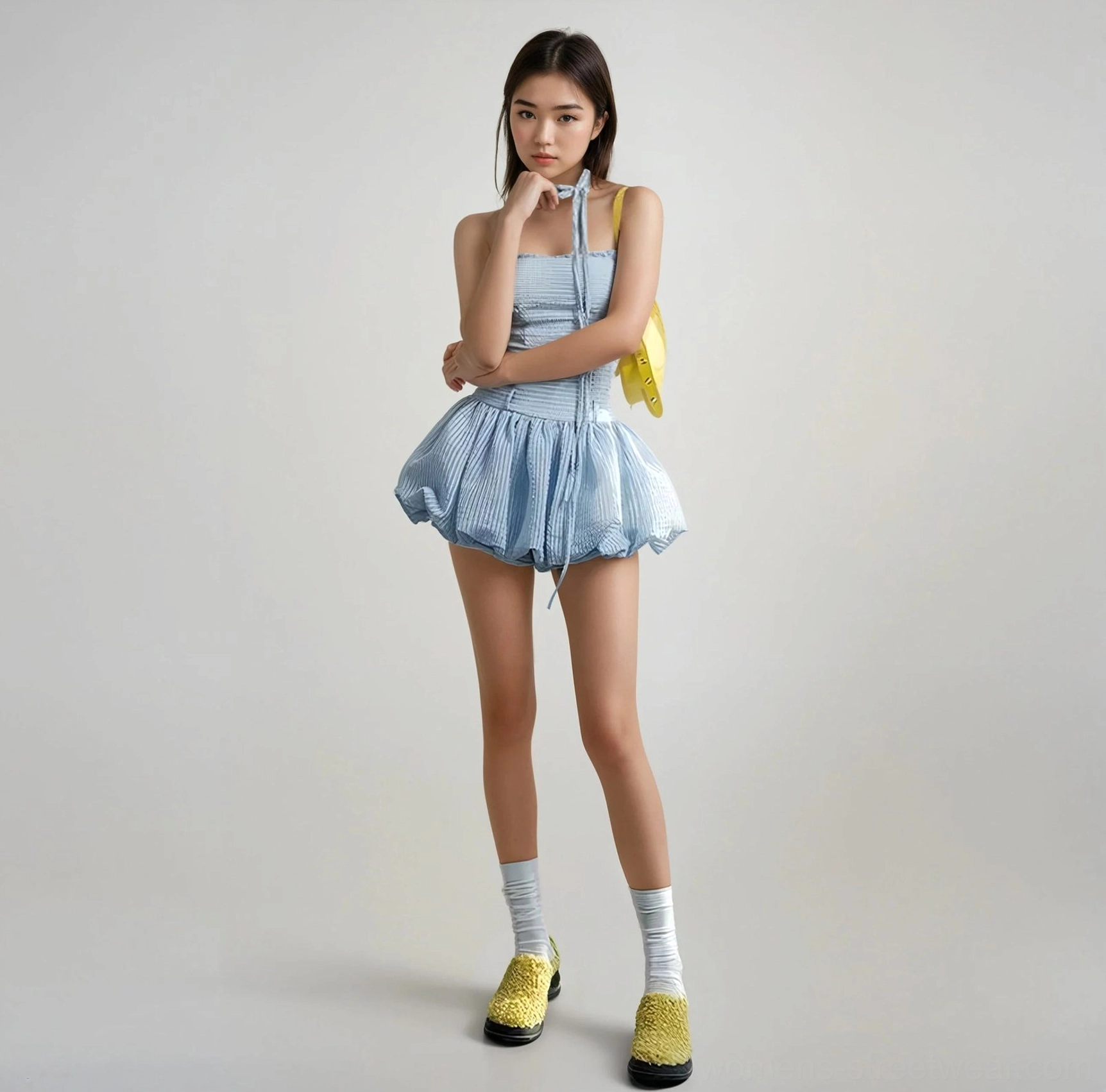 Gingham puff sleeve mini romper dress with off shoulder neckline and playful ruffled hem for Seoul streetwear styling