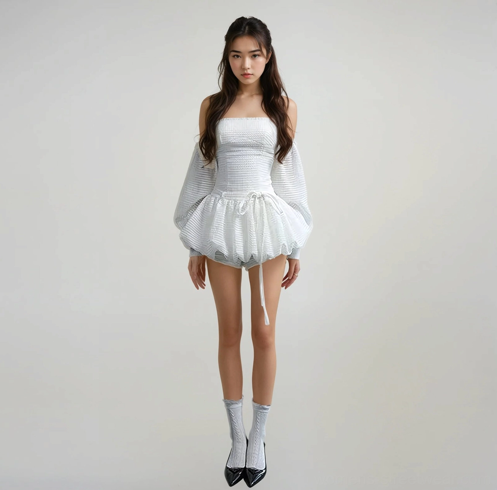 Gingham puff sleeve mini romper dress in Korean streetwear style with a fitted bodice and playful bubble hem