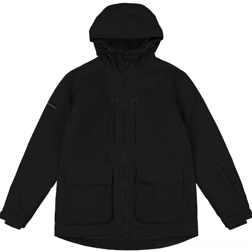 Flat lay view of the black Glacier Drift unisex snowboard jacket showing chest zip pockets lower cargo pockets sleeve pocket and attached hood