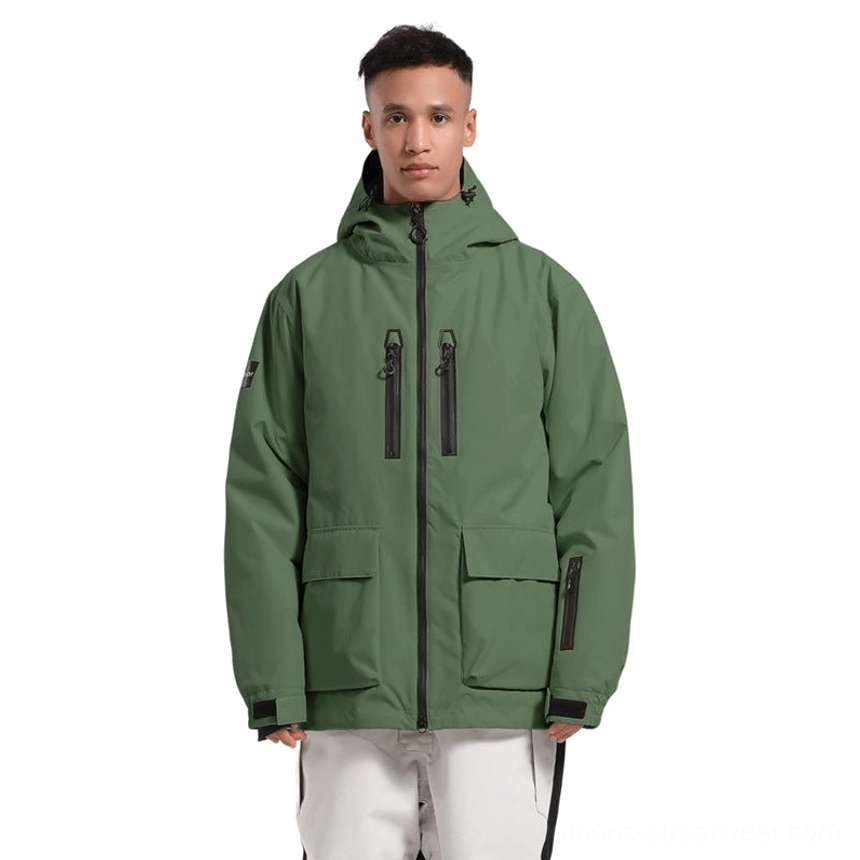 Glacier Drift dark green unisex techwear snow jacket with attached hood cargo pockets storm flap and layered winter streetwear design
