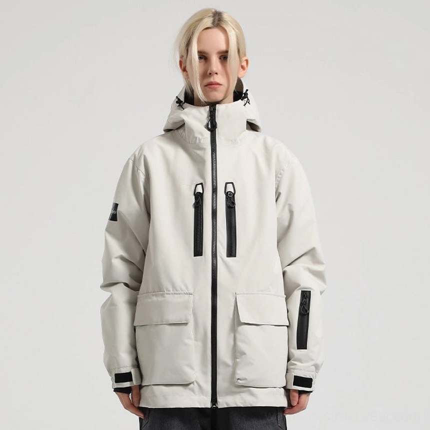 Off-white Glacier Drift unisex snow jacket with black zippers attached hood adjustable cuffs and large cargo pockets styled for winter streetwear
