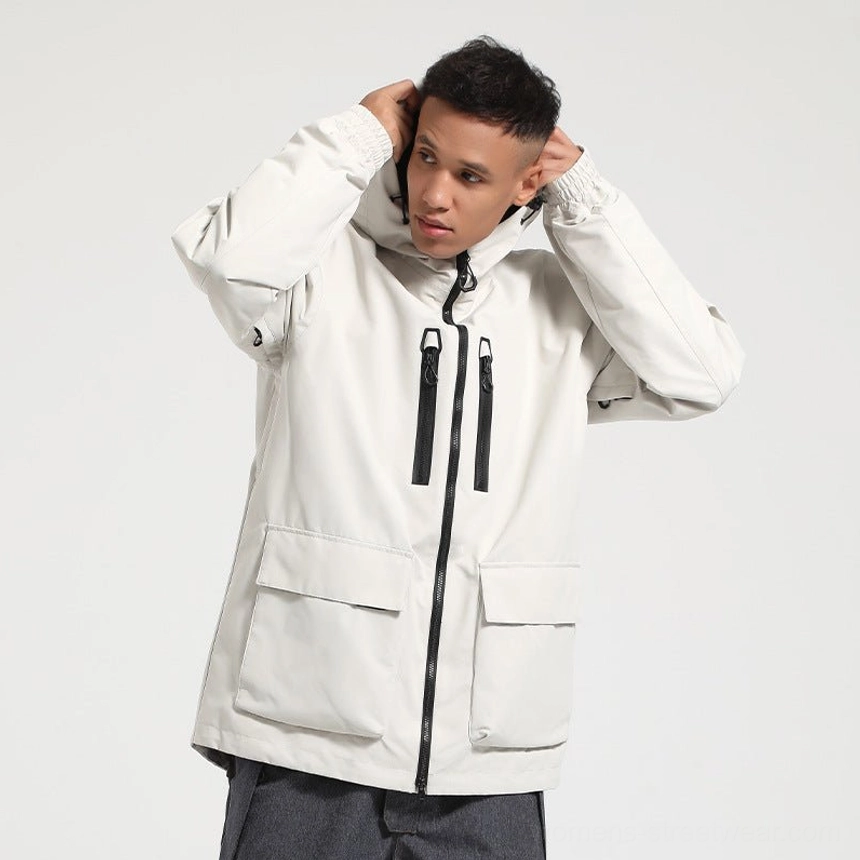 Off-white Glacier Drift unisex techwear snow jacket with attached adjustable hood black zippers large front cargo pockets and adjustable cuffs